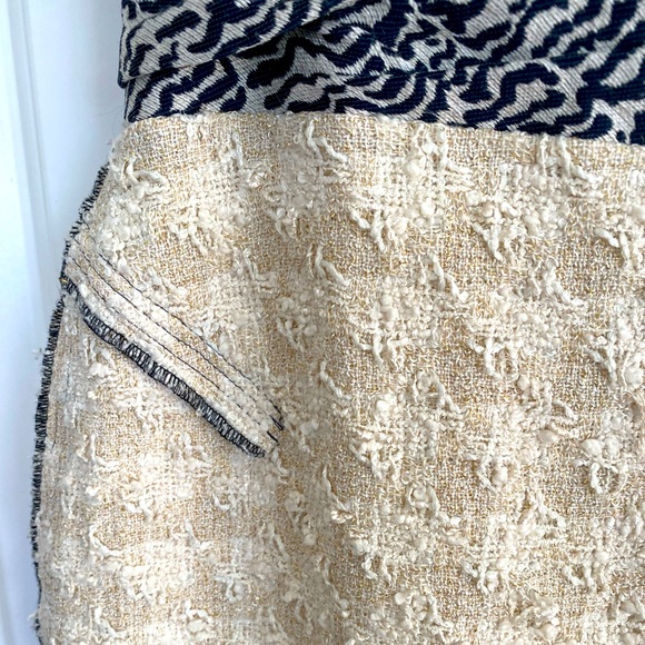 Blue Water Color Floral Silk & Lux Cream French Tweed Mixed Media Dress - Picture 5 of 8